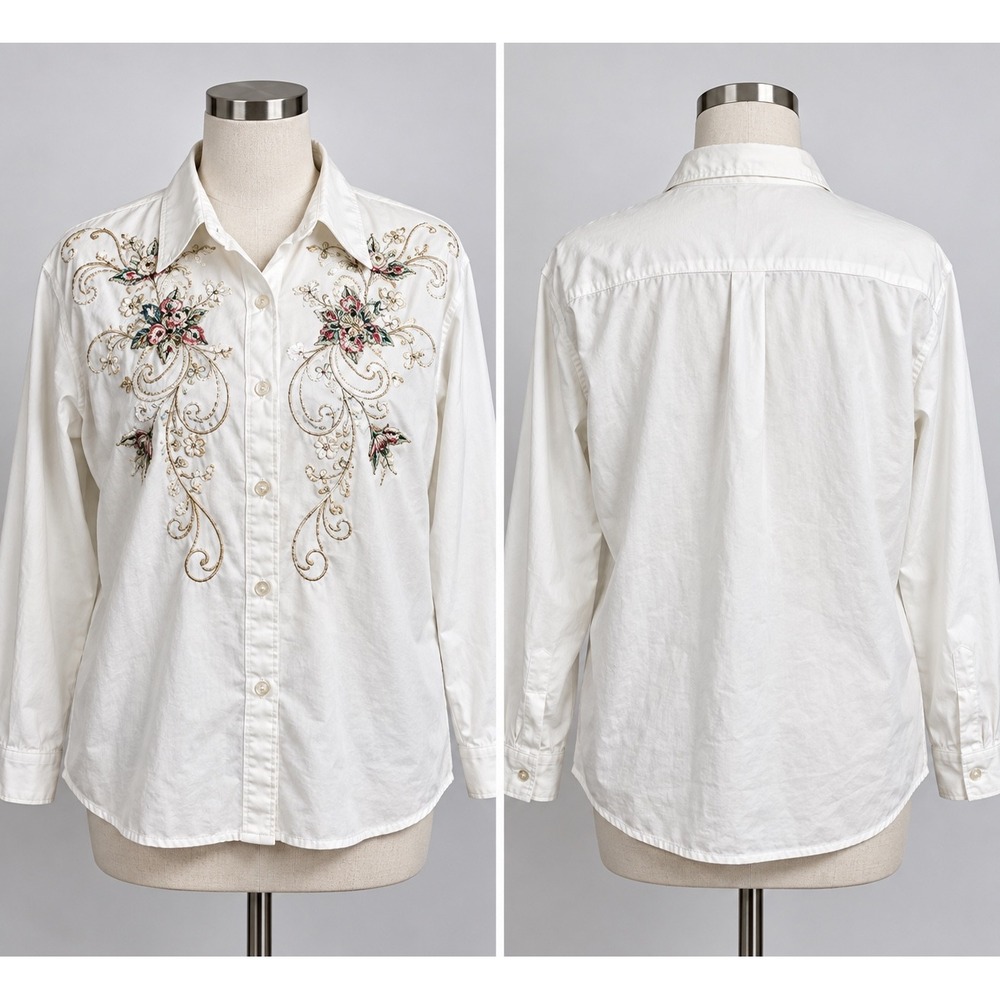 Jane Ashley Vintage Button Down Shirt Floral Embroidery Sequin White Med Cottage